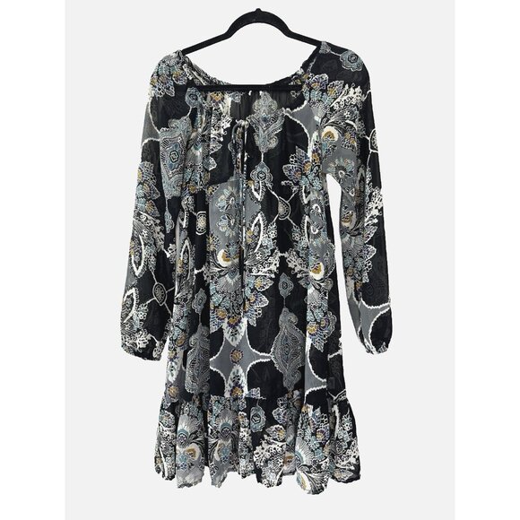 Xhilaration Y2K 2009 Women L Black Sheer Babydoll Floral Tunic Dress Boho Ruffle - Picture 1 of 9